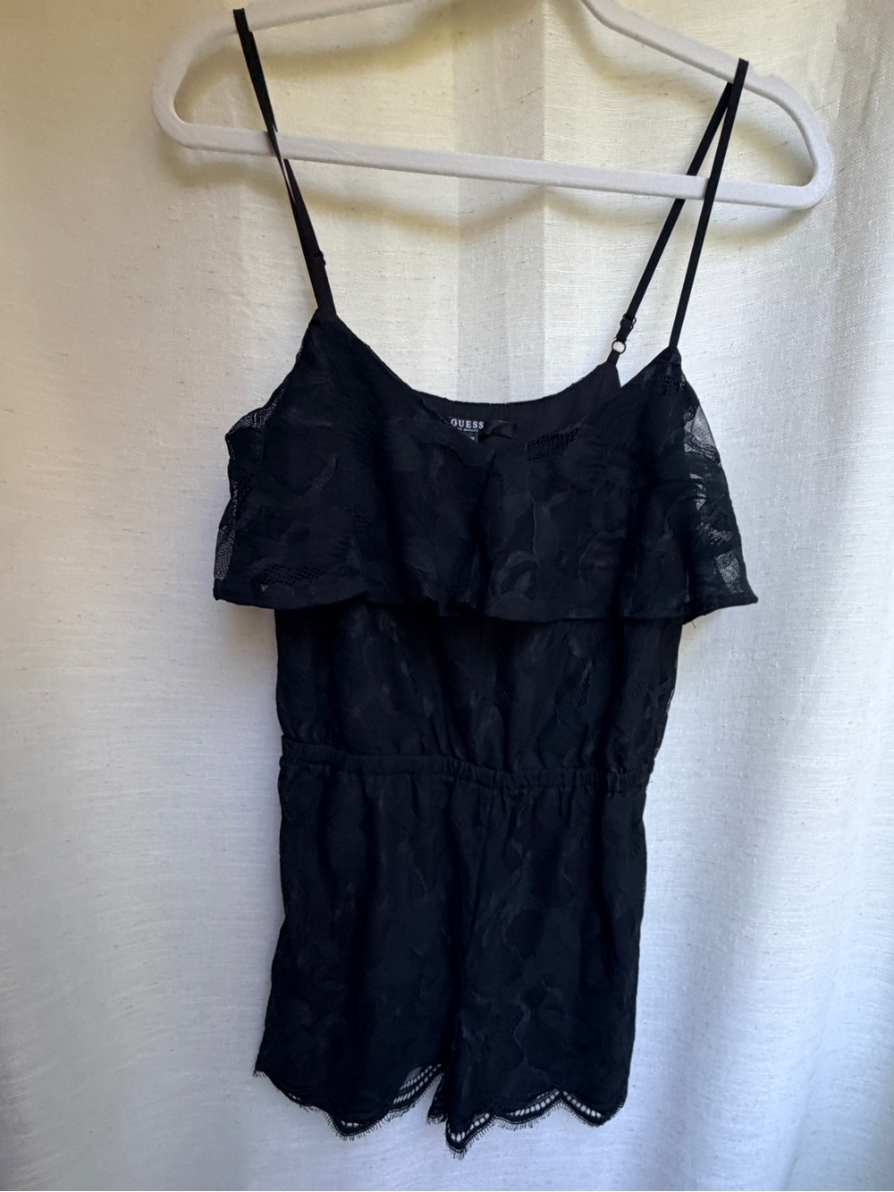GUESS Francine Black Lace Ruffle Romper Size S Scalloped Adjustable Straps